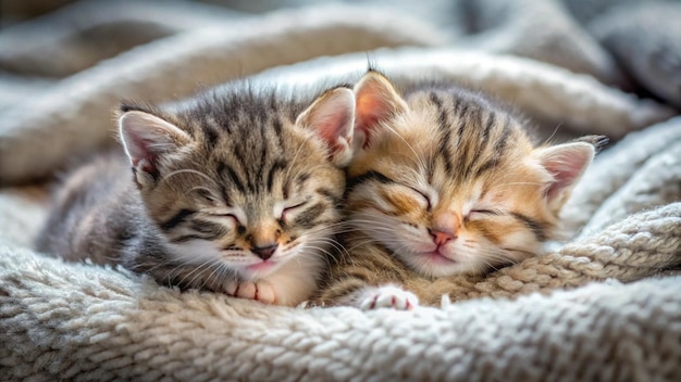 two kittens sleeping together on a blanket with one sleeping