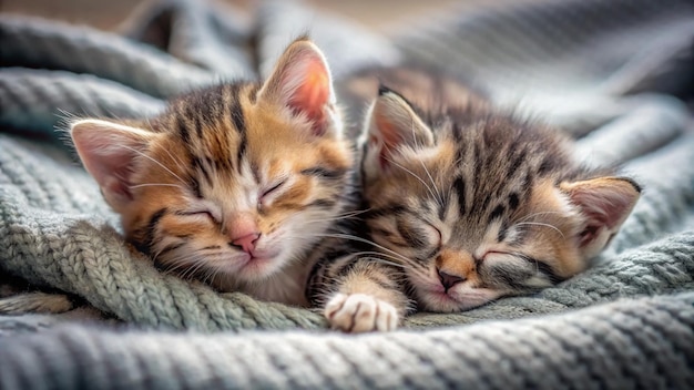 two kittens sleeping together on a blanket with one sleeping