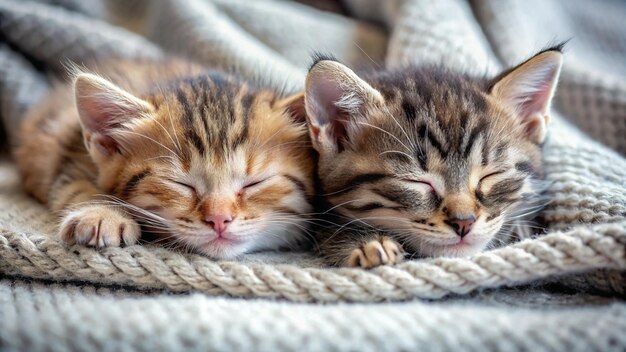 Photo two kittens sleeping together on a blanket with one sleeping