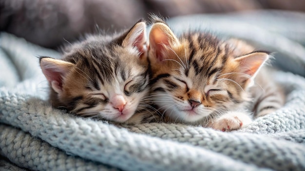 two kittens sleeping together on a blanket with one sleeping