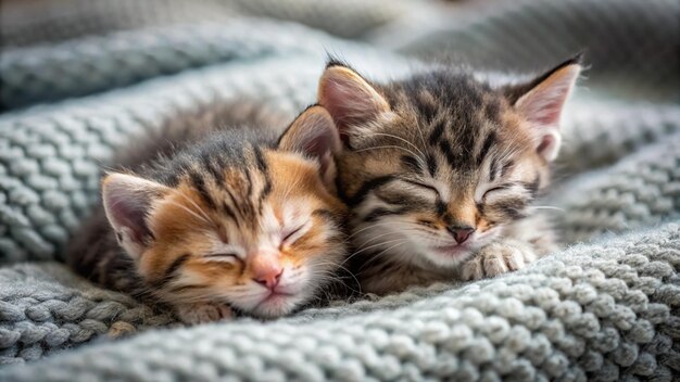 two kittens sleeping together on a blanket with one sleeping