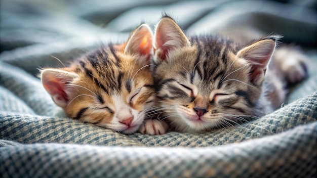 two kittens sleeping together on a blanket with one sleeping