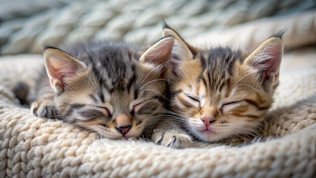 Photo two kittens sleeping together on a blanket with one sleeping