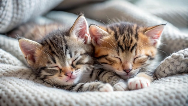 two kittens sleeping together on a blanket with one sleeping