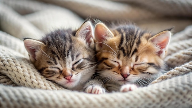 two kittens sleeping together on a blanket with one sleeping