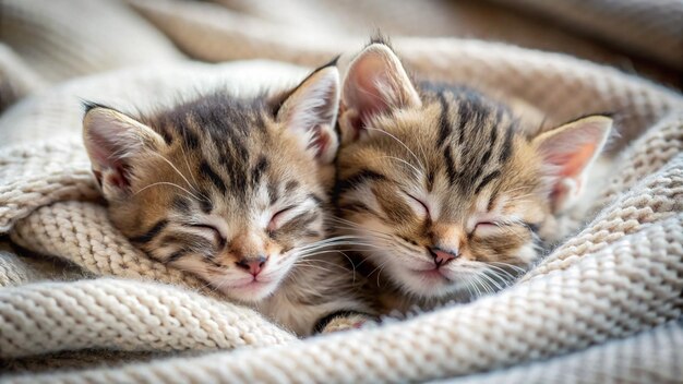 Photo two kittens sleeping together on a blanket with one sleeping