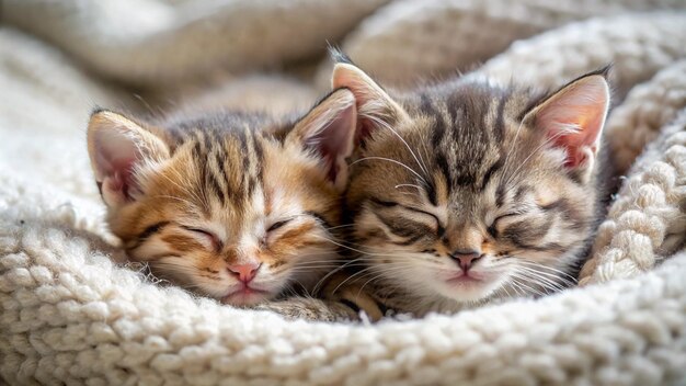 two kittens sleeping together on a blanket with one sleeping