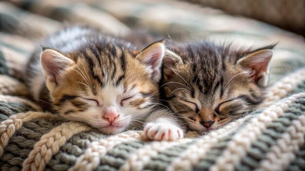 Photo two kittens sleeping together on a blanket with one sleeping