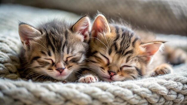 two kittens sleeping together on a blanket with one sleeping