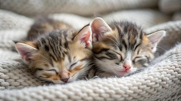 Photo two kittens sleeping together on a blanket with one sleeping