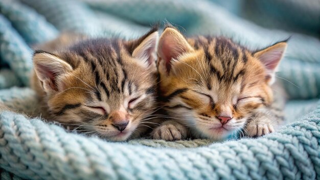 two kittens sleeping together on a blanket with one sleeping