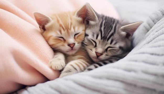 Photo two kittens sleeping together on a blanket