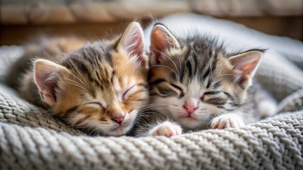 two kittens sleeping together on a couch with one sleeping