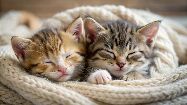 Photo two kittens sleeping together in a crocheted blanket