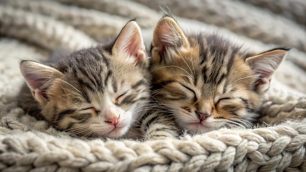 Photo two kittens sleeping together on a knitted blanket