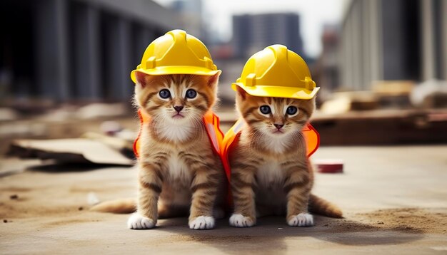 Photo two kittens wearing hard hats on a construction site