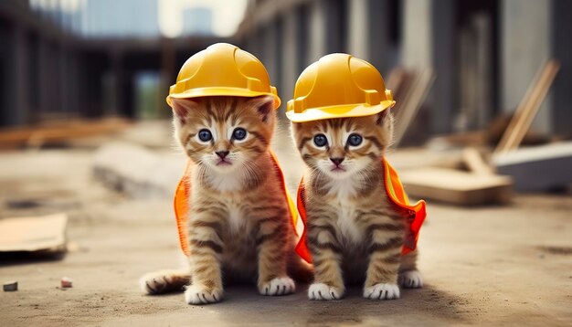 Two kittens wearing hard hats on a construction site