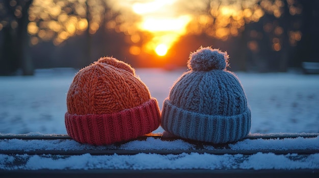 Photo two knitted hats sit on a snowy bench with a sunset in the background