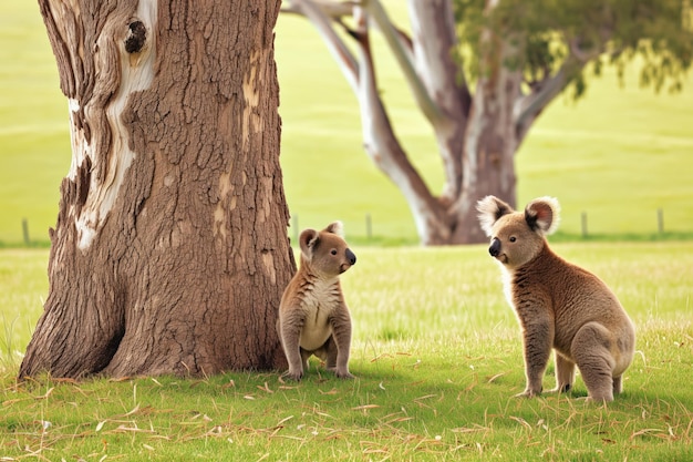 Two Koalas on Grassland by a Tree at Dusk