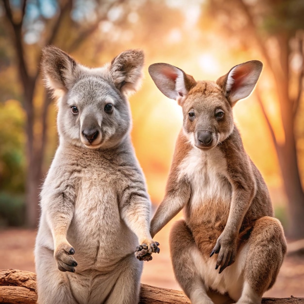 Photo two koalas with one holding hands and one has the other showing the other the other with the sun beh