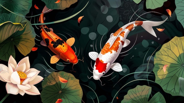 Photo two koi fish swimming in a pond surrounded by lotus leaves and flowers