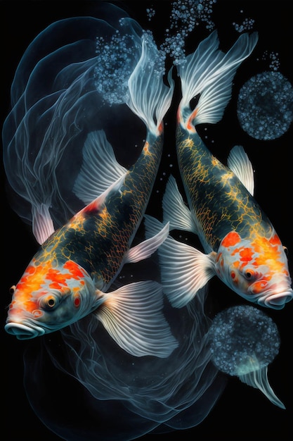 Two koi fish swimming in a pond of water generative ai