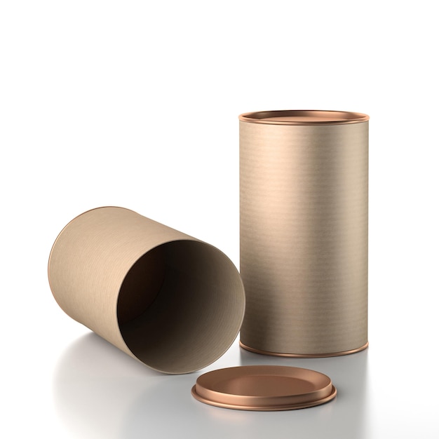 Two kraft cardboard Tin can packaging mockup, metal copper lid, 3d rendering