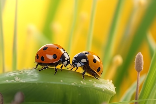 two ladybugs sitting on a green leaf