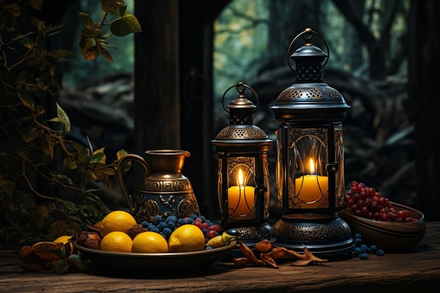 Two lanterns sitting on a wooden table with fruit isolated