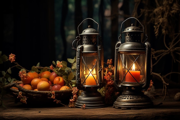 Two lanterns sitting on a wooden table with fruit isolated