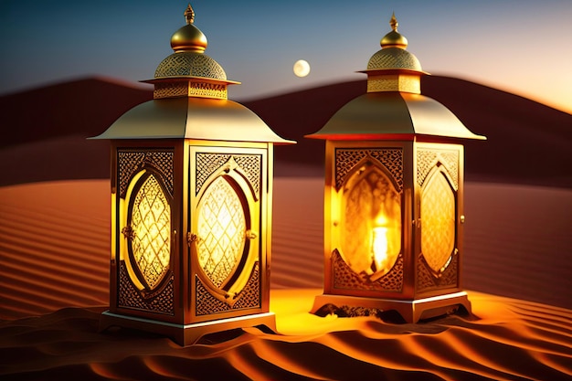 Two lanterns with the sun setting behind them