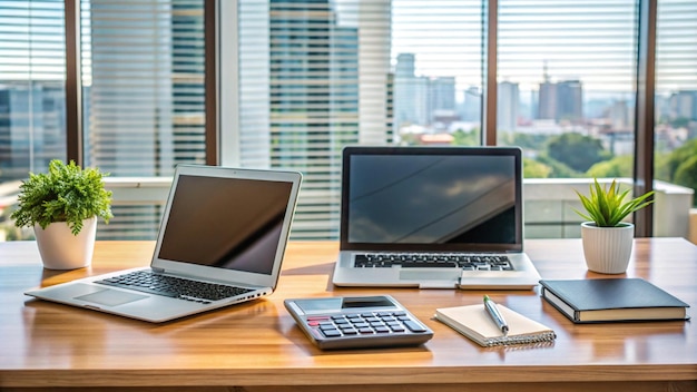 two laptops on a desk with a keyboard a pen and a pen on the table