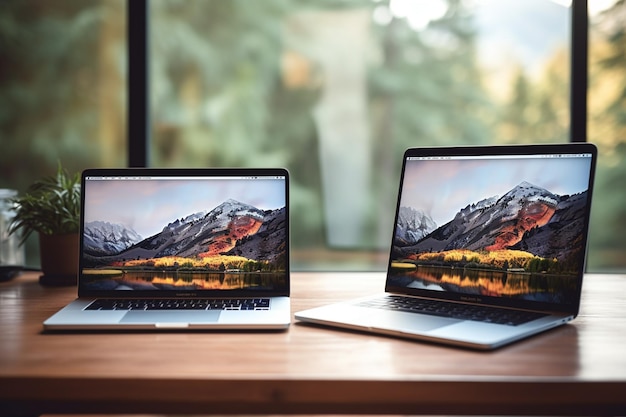 two laptops sitting on a table with a mountain view generative ai