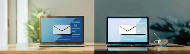 Photo two laptops on wooden desks displaying email icons with one in a bright setting and the other in a d