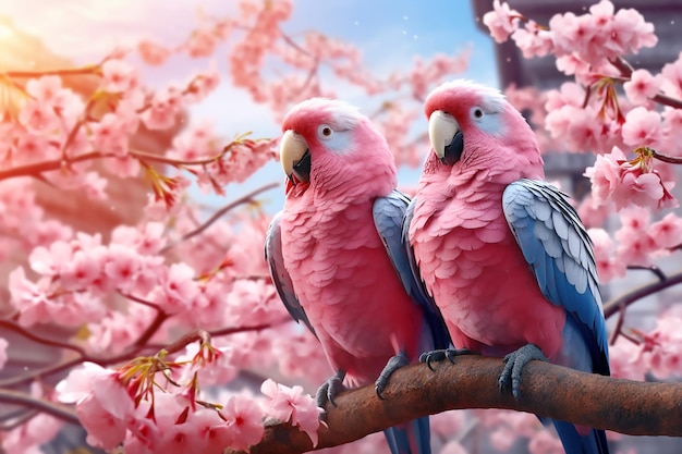 Two large blue pink parrots sit on a branch of sakura blossoms Generative AI