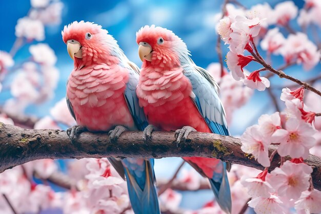 Two large blue pink parrots sit on a branch of sakura blossoms Generative AI