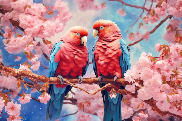 Two large blue pink parrots sit on a branch of sakura blossoms Generative AI