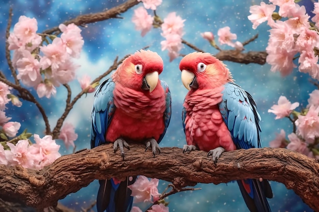 Two large blue pink parrots sit on a branch of sakura blossoms Generative AI