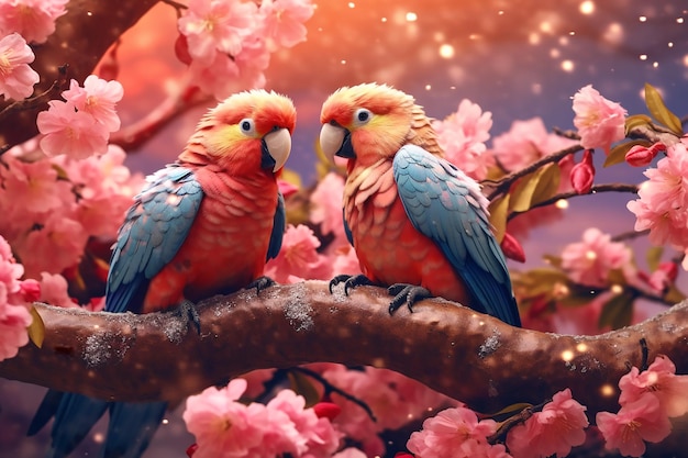 Two large blue pink parrots sit on a branch of sakura blossoms Generative AI