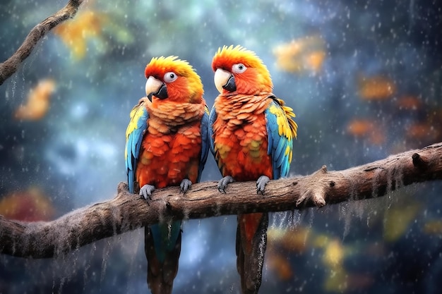 Two large colorful parrots siting on a branch Generative AI