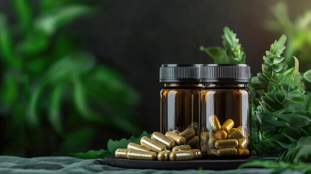 Photo two large dark brown glass supplement jars in the same size in bed