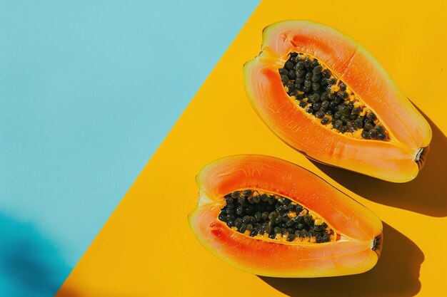 Photo two large papaya slices sit on a yellow table