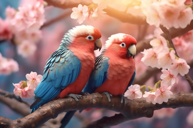 Two large red blue parrots sit on a branch of sakura blossoms Generative AI