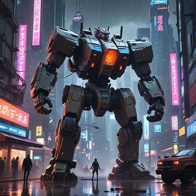 two large robots are standing in the rain