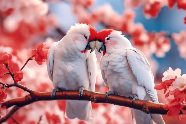 Two large white macaw parrots sit on a branch of sakura blossoms Generative AI