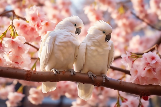 Two large white macaw parrots sit on a branch of sakura blossoms Generative AI