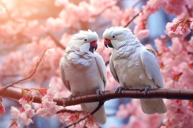 Two large white macaw parrots sit on a branch of sakura blossoms Generative AI