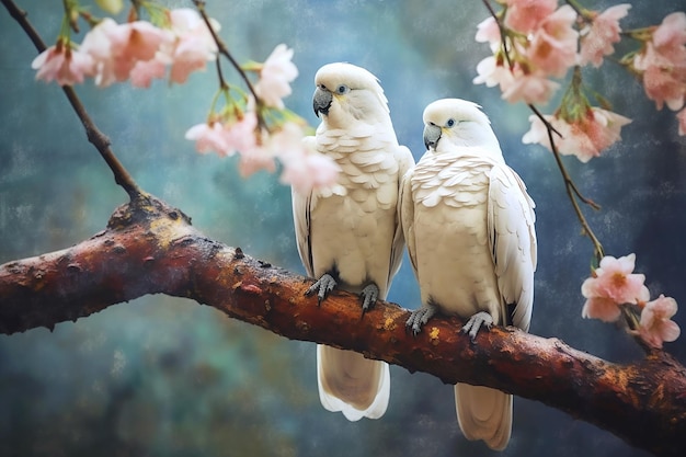 Two large white parrots siting on a branch Generative AI