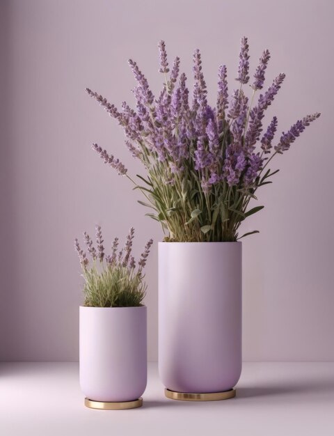 Photo two lavender bouquets in vases on monochromatic lavender background