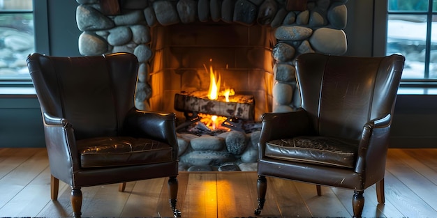 Photo two leather chairs beside a stone fireplace with burning logs concept cozy home decor rustic fireplace leather chairs interior design warmth and comfort